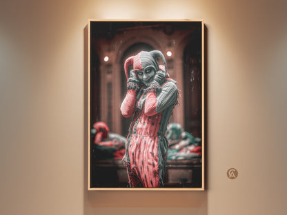 Crimson & Black Harlequin Jester Art displayed in a wood frame. A captivating piece of gothic wall decor. Perfect for dark academia lovers. This harlequin artwork adds an eclectic touch to any home or office. A unique fantasy character painting for alternative spaces.