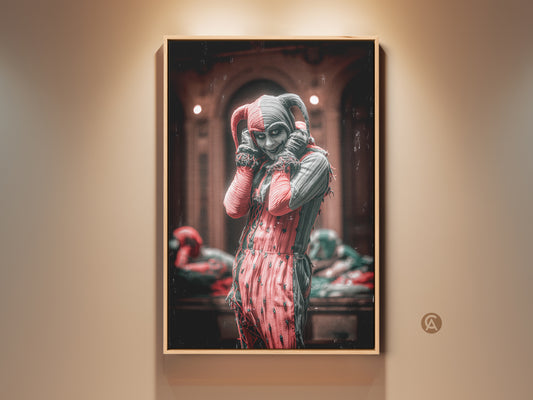 Crimson & Black Harlequin Jester Art displayed in a wood frame. A captivating piece of gothic wall decor. Perfect for dark academia lovers. This harlequin artwork adds an eclectic touch to any home or office. A unique fantasy character painting for alternative spaces.