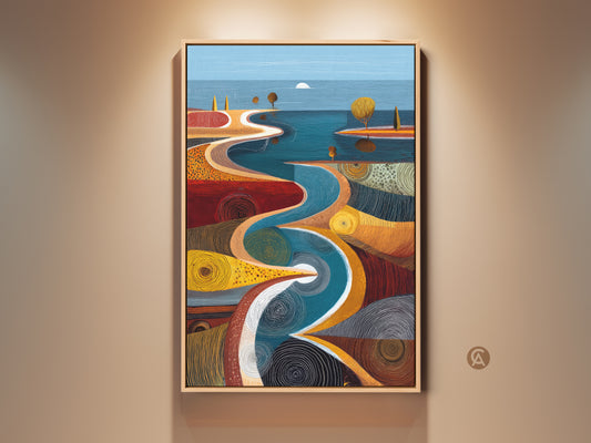 Gallery view of a framed Mid-Century Modern abstract art piece. The artwork features a winding river path in teal blue and orange hues. This nature inspired folk art print adds sophistication to any space.