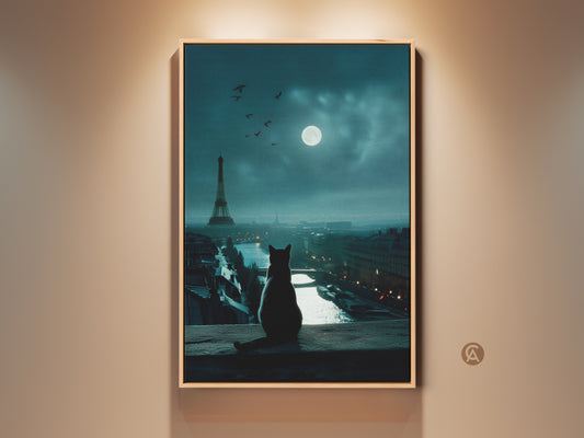 Framed cat art print. Cat sits atop a building overlooking the Eiffel Tower in Paris at night. Full moon shines over the city in this moody art piece. This artwork is perfect for cat lovers. A great conversation starter.