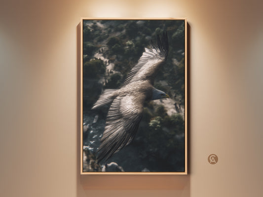 Realistic eagle canvas art is framed in oak. This wildlife bird of prey artwork features a rustic mountain landscape. Perfect nature lover home decor gift with brown and gray tones.