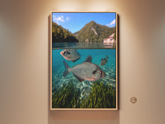Blue Green Fish Canvas Art. This underwater lake landscape print brings coastal nature into your space. A great gift for fishermen and anglers. The split view showcases aquatic life and mountain scenery. Perfect wall decor for a serene touch.