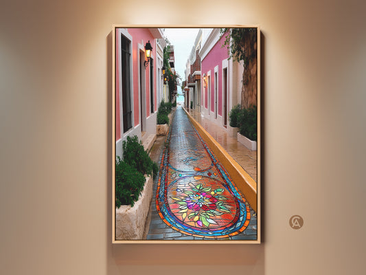 Discover European cobblestone street art. This stained glass mosaic print offers colorful cityscape wall art. Perfect as eclectic home decor or a thoughtful travel gift. The blue and pink hues create a vibrant entry way wall art.