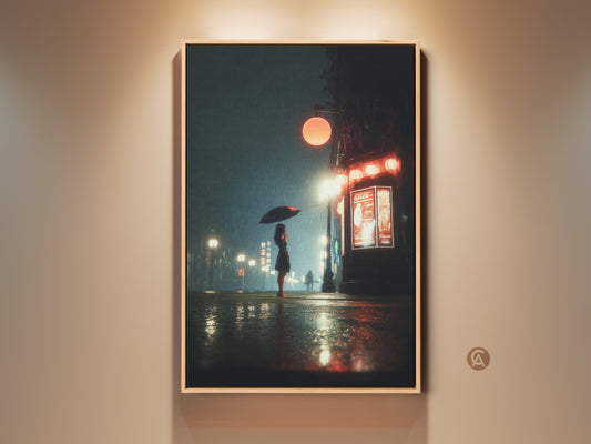 Deep blue and orange cityscape canvas print. A woman with an umbrella stands on a wet street. This cinematic night artwork is perfect for urban decor. It enhances any entryway wall. A great travel lover gift idea. Add a moody artistic touch to your home today