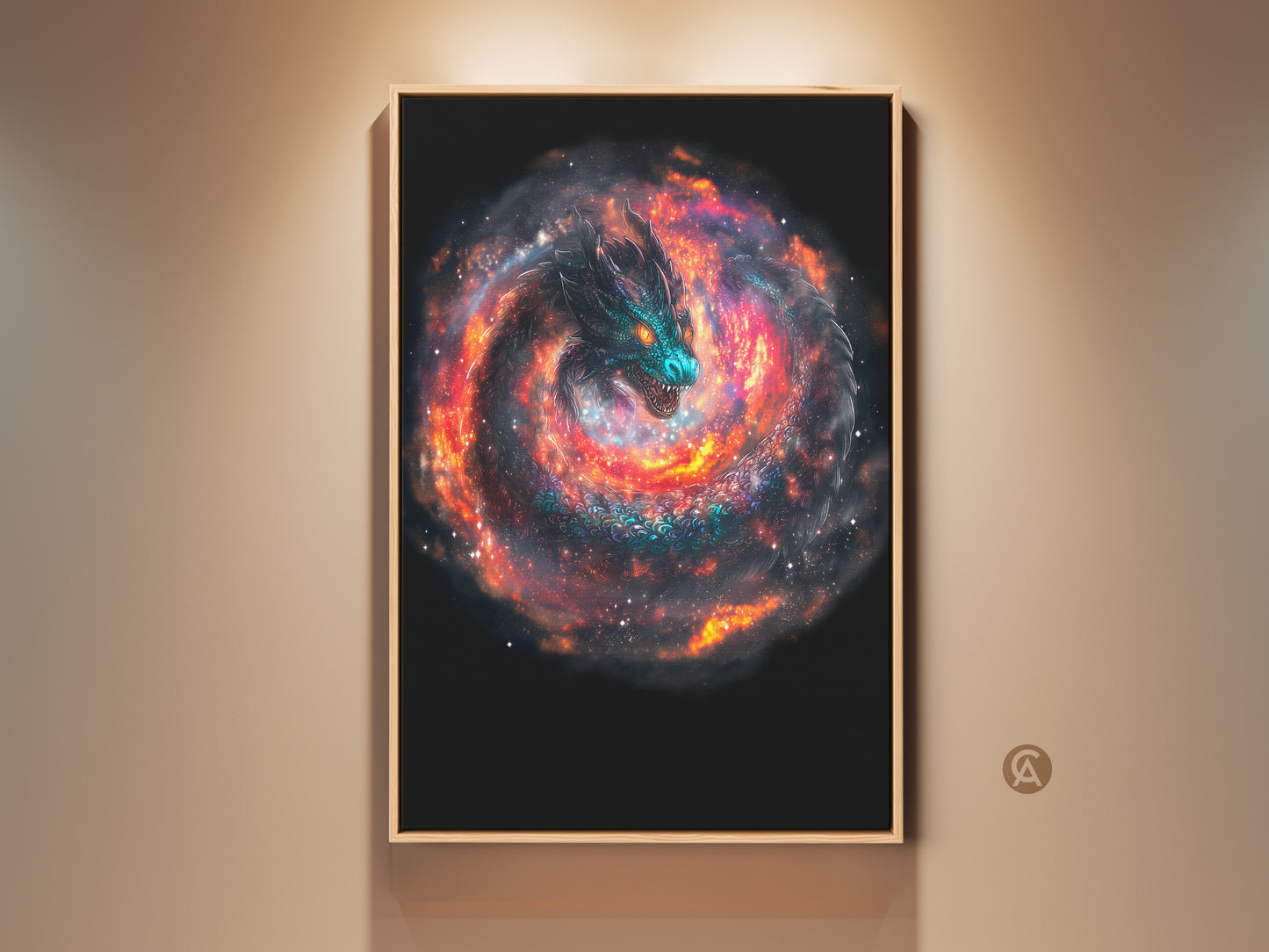 Framed cosmic dragon art print hangs on a wall. This surreal galaxy nebula wall decor features a sci-fi fantasy artwork. The deep teal and orange art adds an eclectic touch to any room. Perfect for dragon enthusiasts and fans of space art.