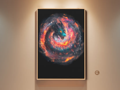 Framed cosmic dragon art print hangs on a wall. This surreal galaxy nebula wall decor features a sci-fi fantasy artwork. The deep teal and orange art adds an eclectic touch to any room. Perfect for dragon enthusiasts and fans of space art.