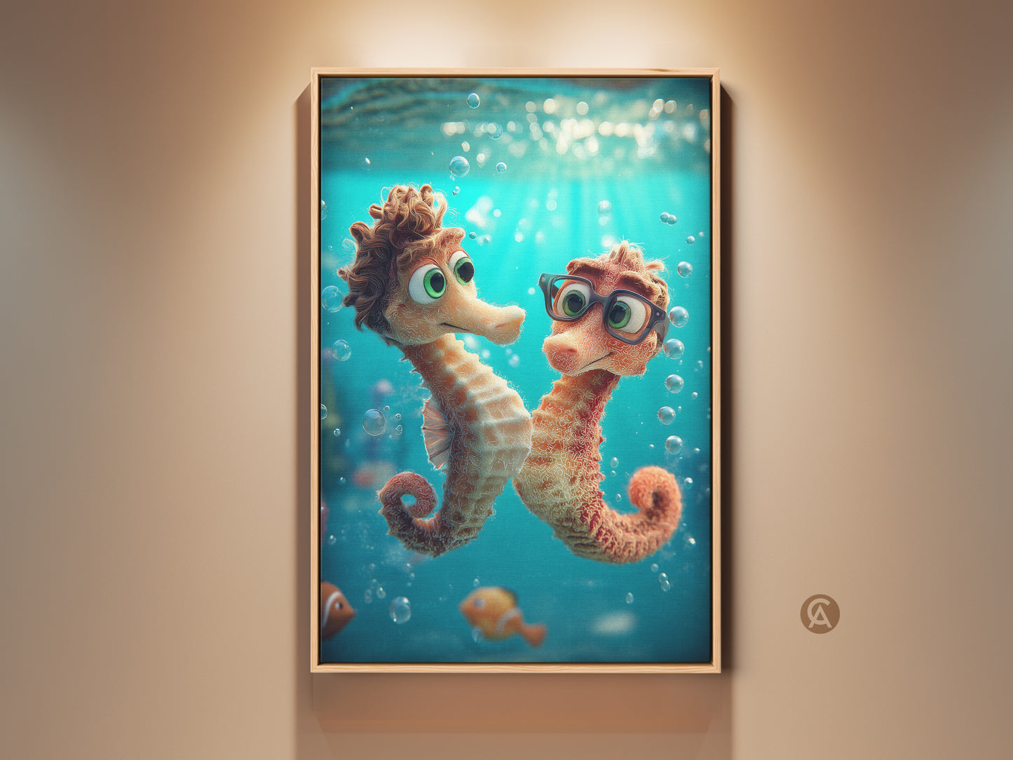Charming seahorse and clownfish art print in a frame. This kids room ocean wall art features an aqua and orange underwater scene. A whimsical nursery wall decor that brings a bubbly sea fantasy to life. Perfect as a gift for child ocean lover adding color to any kids bedroom.