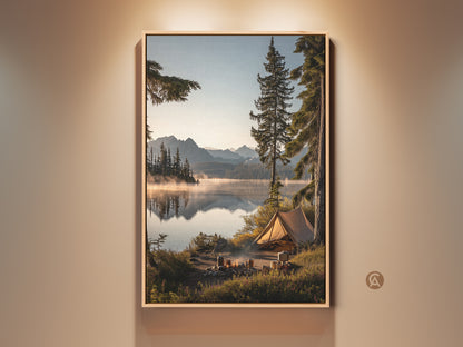 Rustic mountain lake tent canvas art framed in a natural wood finish. The artwork features a serene camping scene. It shows a tent by the calm lake waters reflecting the mountains. This outdoor adventure landscape is ideal for cozy bedroom art or as a thoughtful housewarming gift.