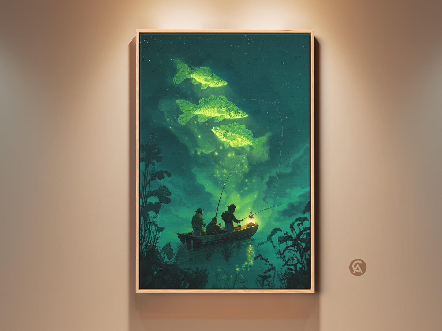 Gallery view of surreal emerald green fishing canvas art. The fantasy nature print shows a dreamy night scene. Fishermen are in a rowboat under a starry sky. Glowing carp swim above them. This unique angler wall decor is perfect for any space.