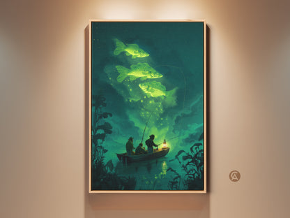 Gallery view of surreal emerald green fishing canvas art. The fantasy nature print shows a dreamy night scene. Fishermen are in a rowboat under a starry sky. Glowing carp swim above them. This unique angler wall decor is perfect for any space.