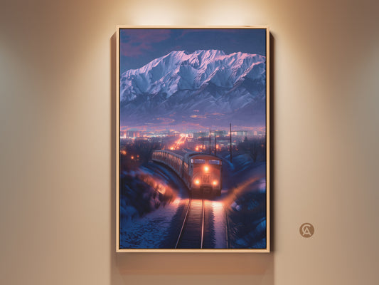 Experience a cinematic winter train landscape on premium canvas. This mountain cityscape artwork features dramatic orange and blue lighting. Perfect travel decor gift for living room or entry hall. A unique wall art for train enthusiasts adds a modern touch. Ideal as a housewarming gift showcases a journey-themed decor.