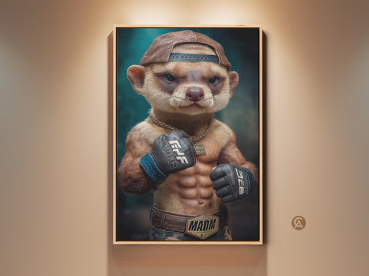 A framed canvas print displays a photorealistic Meerkat MMA fighter. The anthropomorphic animal art features streetwear style. The fighter is in a fighting stance wearing boxing gloves. Gold chain and hat. The artwork would look great in a man cave or office space