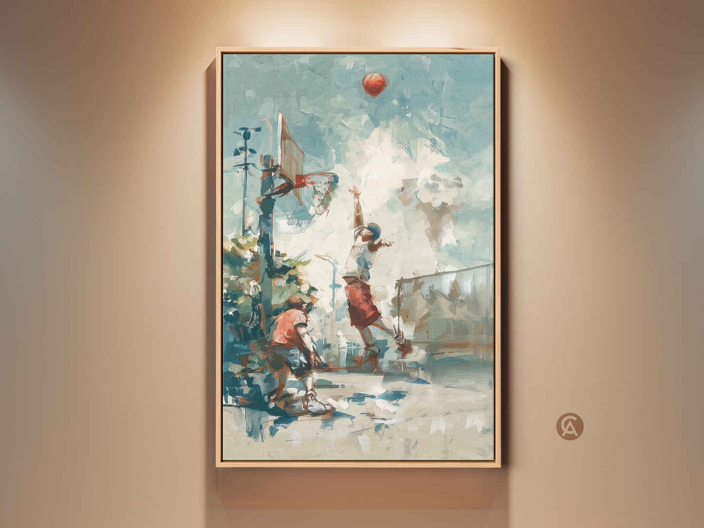 Experience the energy of the game with this basketball canvas art. An athlete leaps for a shot in a city street setting. The artwork captures the essence of urban sports. Perfect for adding a dynamic touch to any room. It's a slam dunk for sports enthusiasts