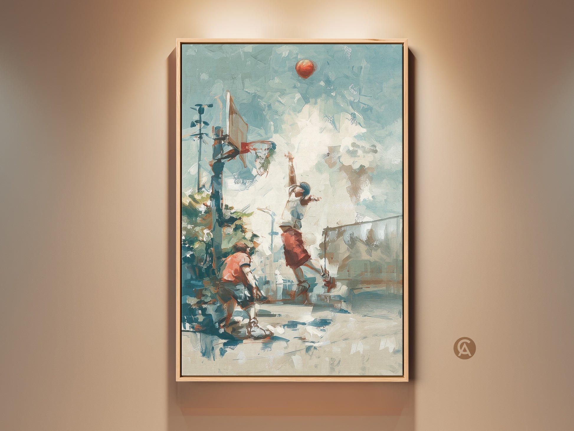 Experience the energy of the game with this basketball canvas art. An athlete leaps for a shot in a city street setting. The artwork captures the essence of urban sports. Perfect for adding a dynamic touch to any room. It's a slam dunk for sports enthusiasts