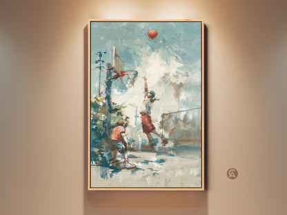Experience the energy of the game with this basketball canvas art. An athlete leaps for a shot in a city street setting. The artwork captures the essence of urban sports. Perfect for adding a dynamic touch to any room. It's a slam dunk for sports enthusiasts
