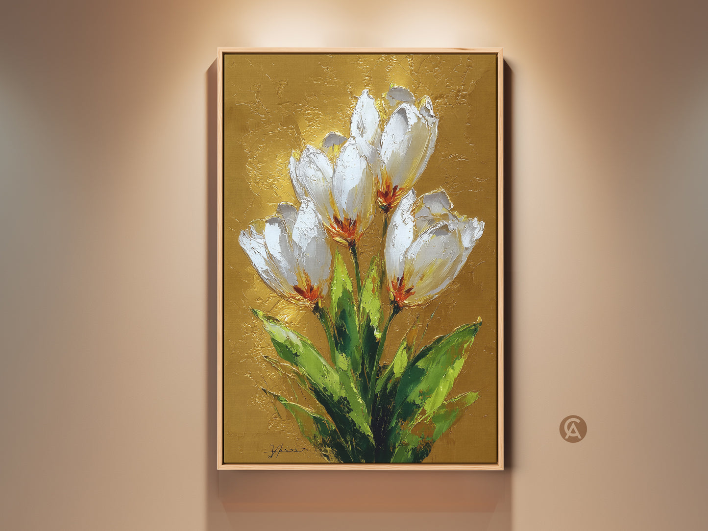 Stunning botanical canvas art print showcasing white tulips with gold leaf accents. The textured impressionist style brings contemporary elegance. Ideal wall art for modern home decor.