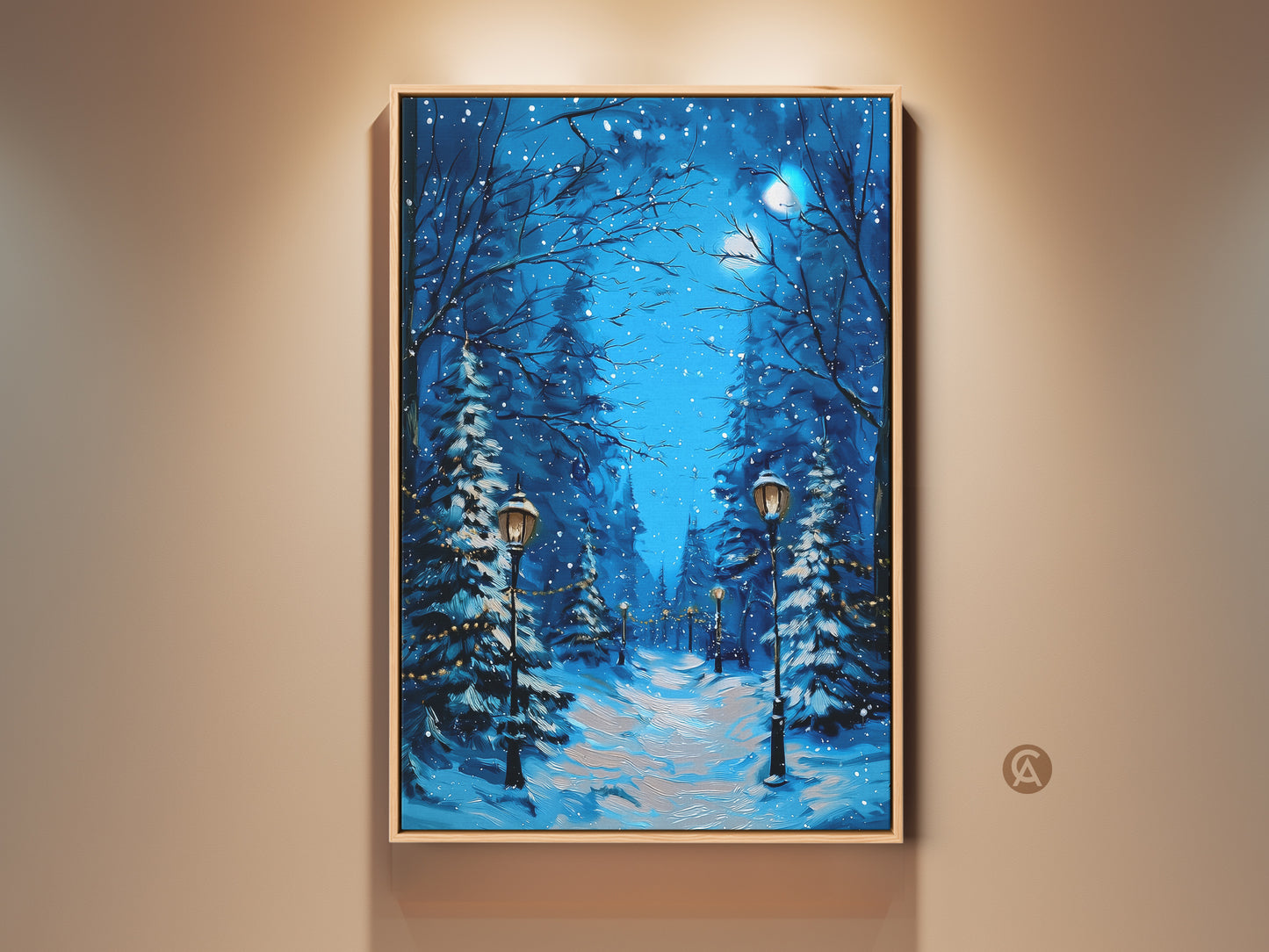 Deep blue winter landscape art print displayed on a wall. This artwork features a snowy path with street lamps. It's a rustic Christmas home decor piece. The scene evokes a cozy winter night perfect as a gift for winter lovers.
