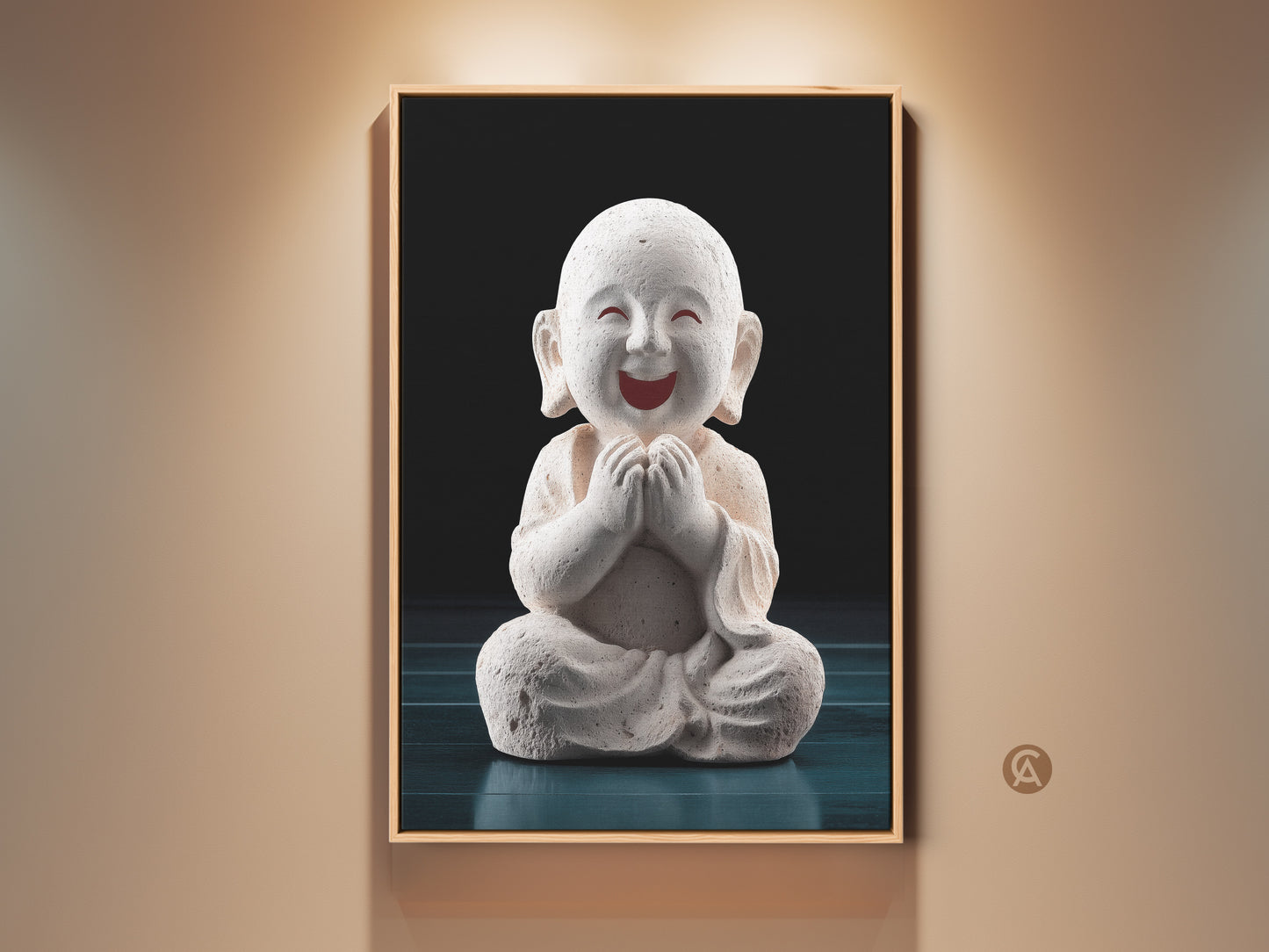 Framed Minimalist Buddha Wall Art. This zen monk print adds spiritual beige teal art to your space. A meditation gift for bedroom or home office decor. This artwork promotes mindfulness.