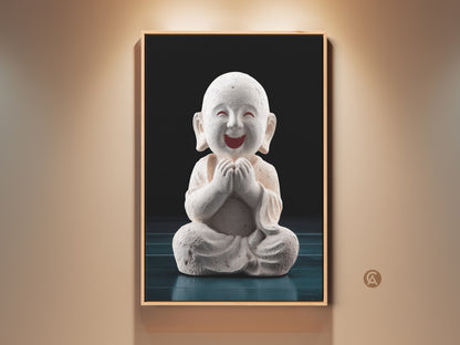 Framed Minimalist Buddha Wall Art. This zen monk print adds spiritual beige teal art to your space. A meditation gift for bedroom or home office decor. This artwork promotes mindfulness.