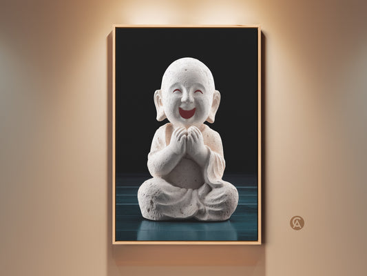 Framed Minimalist Buddha Wall Art. This zen monk print adds spiritual beige teal art to your space. A meditation gift for bedroom or home office decor. This artwork promotes mindfulness.