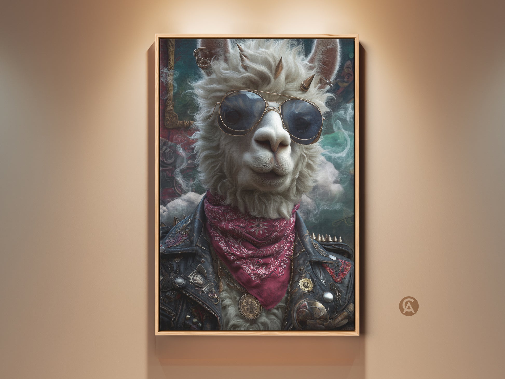 Framed surreal punk llama canvas. This rock and roll animal art features a llama with sunglasses and a leather jacket. A unique music lover gift for man cave or eclectic home decor. This biker style poster brings rebellious charm to any space.