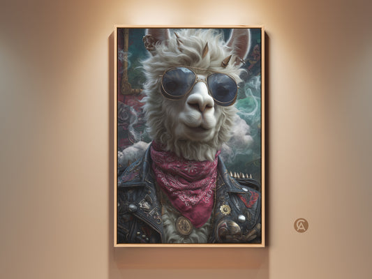 Framed surreal punk llama canvas. This rock and roll animal art features a llama with sunglasses and a leather jacket. A unique music lover gift for man cave or eclectic home decor. This biker style poster brings rebellious charm to any space.