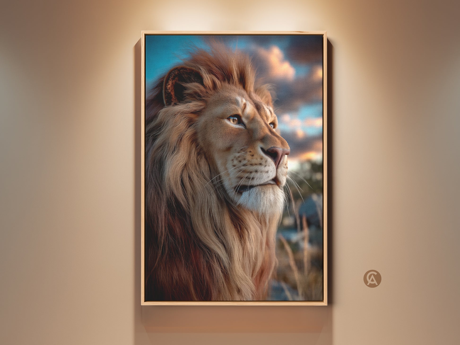 Photorealistic lion canvas art in a room setting. This golden brown wildlife print adds eclectic decor to any bedroom. It's the perfect birthday gift for animal lovers.  The savanna animal artwork brings nature-inspired home decor. A majestic piece to hang and admire.