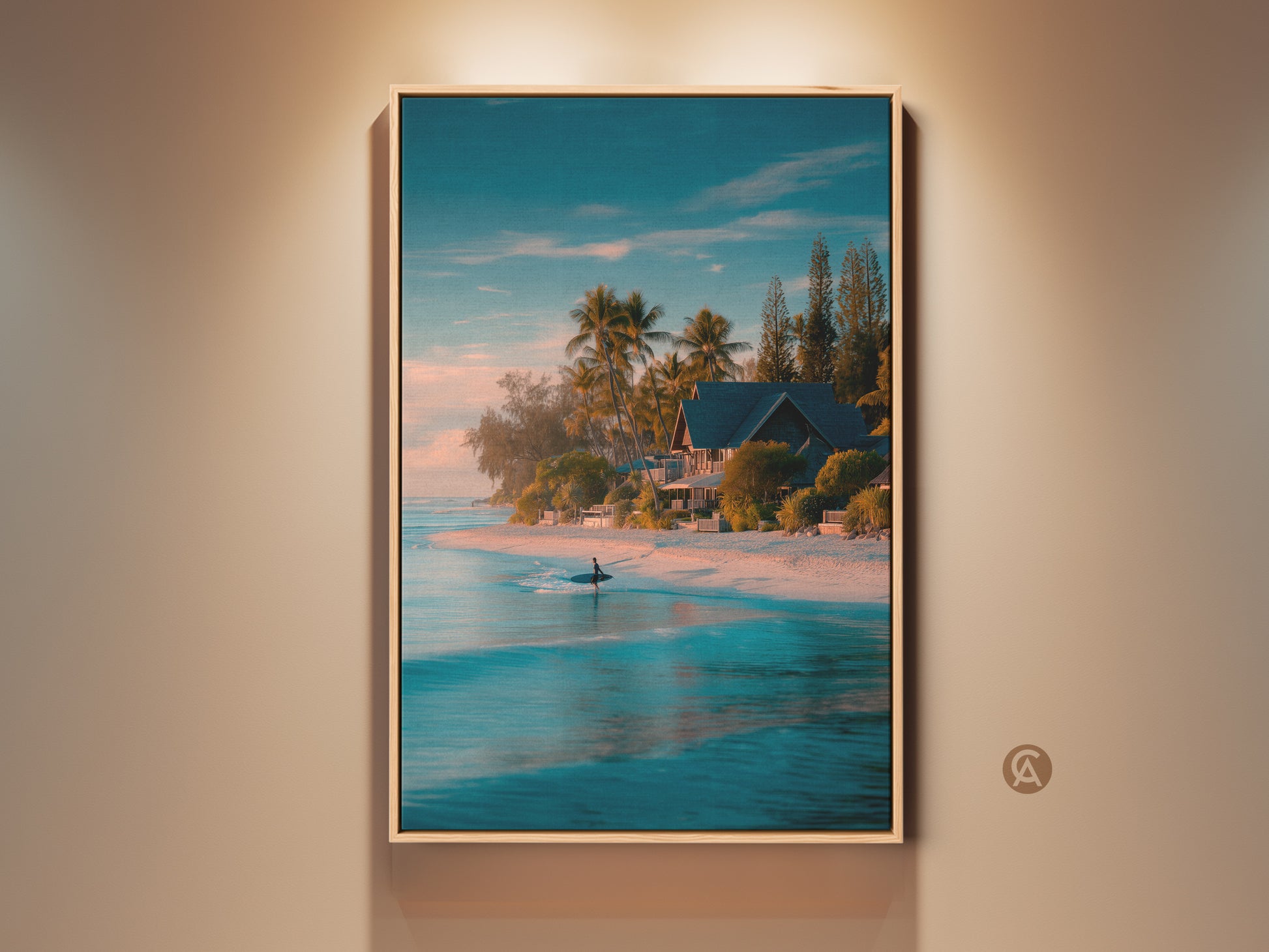 Framed canvas artwork showcases a serene beach scene. The artwork features turquoise water and a surfer. Palm trees and a beach house add tropical charm. A golden frame enhances the artwork's warm tones. This framed canvas brings coastal beauty to any wall.
