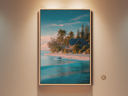 Framed canvas artwork showcases a serene beach scene. The artwork features turquoise water and a surfer. Palm trees and a beach house add tropical charm. A golden frame enhances the artwork's warm tones. This framed canvas brings coastal beauty to any wall.