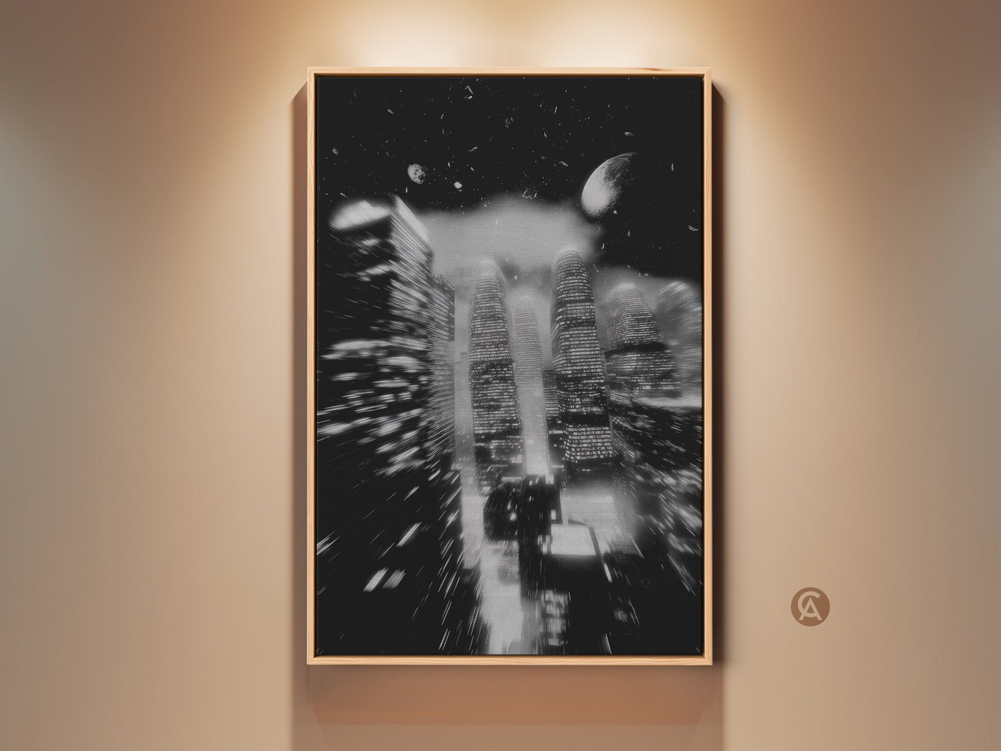 Monochrome Cityscape canvas print on display. This abstract urban skyscraper artwork features a night sky backdrop with a subtle moon. It's a contemporary gift idea offering a modern monochrome art aesthetic. Perfect as entry hall wall art or office cityscape print.