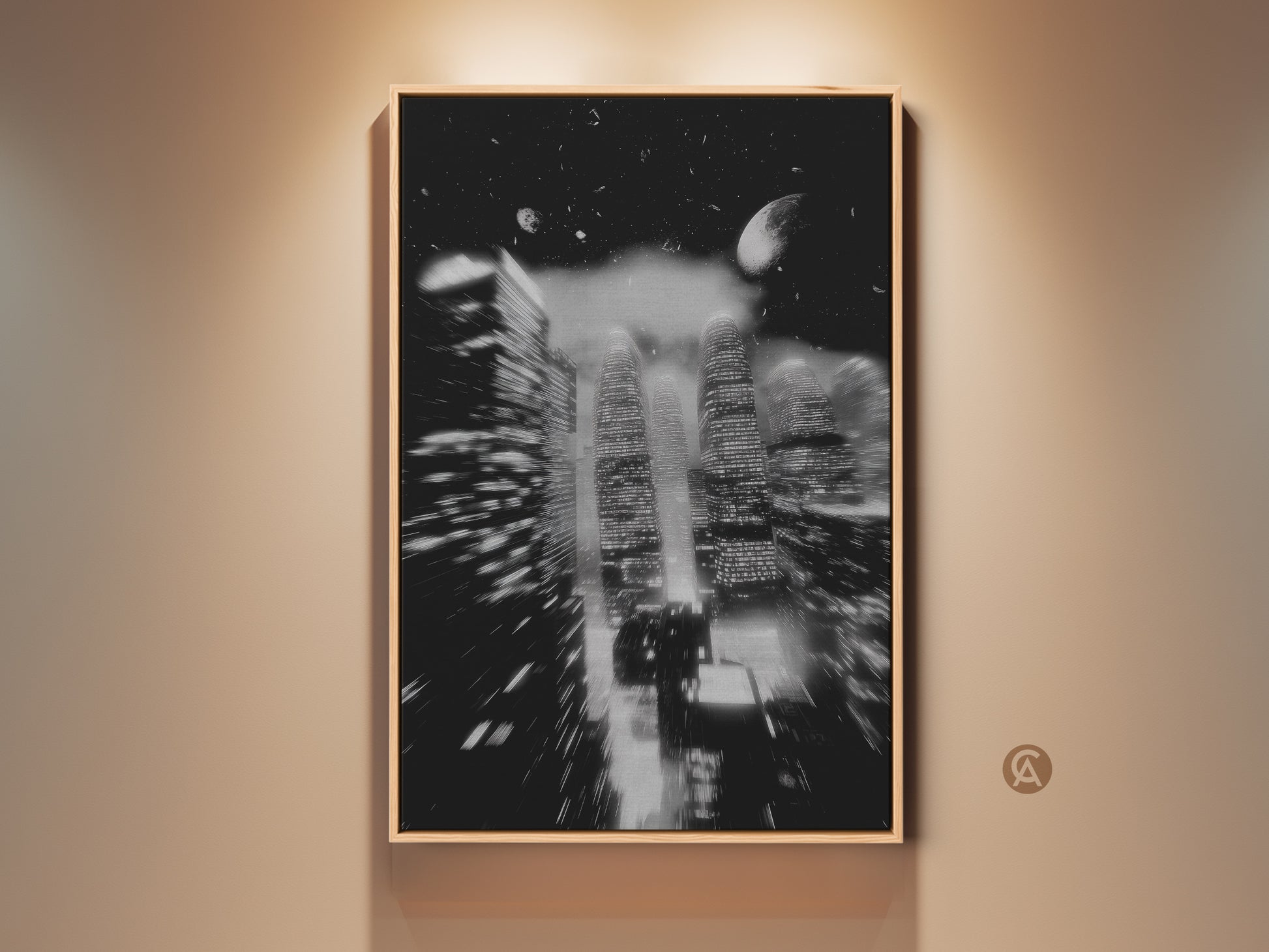 Monochrome Cityscape canvas print on display. This abstract urban skyscraper artwork features a night sky backdrop with a subtle moon. It's a contemporary gift idea offering a modern monochrome art aesthetic. Perfect as entry hall wall art or office cityscape print.