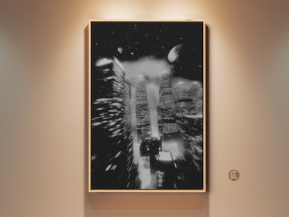 Monochrome Cityscape canvas print on display. This abstract urban skyscraper artwork features a night sky backdrop with a subtle moon. It's a contemporary gift idea offering a modern monochrome art aesthetic. Perfect as entry hall wall art or office cityscape print.