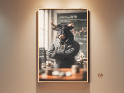 Framed canvas of a bull in a suit. The bull stands confidently in an office setting. Stock charts are visible in the background. This unique art piece is perfect for finance enthusiasts. It is a modern take on Wall Street themes.