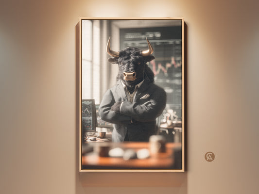 Framed canvas of a bull in a suit. The bull stands confidently in an office setting. Stock charts are visible in the background. This unique art piece is perfect for finance enthusiasts. It is a modern take on Wall Street themes.
