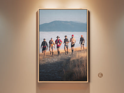 Framed trail running canvas art featuring a group of runners. This mountain landscape print showcases adventure photography. The sky blue and earth tone art adds rustic outdoor decor to any space. It's a perfect gift for runners and sports enthusiasts seeking scenic mountain views.