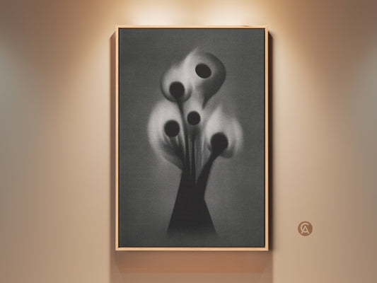 Dark Academia botanical artwork for eclectic home decor. This gothic flower abstract art print adds a touch of surreal beauty. The black and white canvas suits study rooms or offices as a unique gift. It provides a modern gothic art feel.