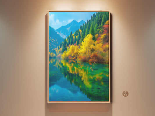 Experience nature's beauty with this landscape artwork. The vibrant autumn trees cascade down the mountainside. See how they reflect perfectly in the crystal clear lake below. This wall art brings tranquility to any space.