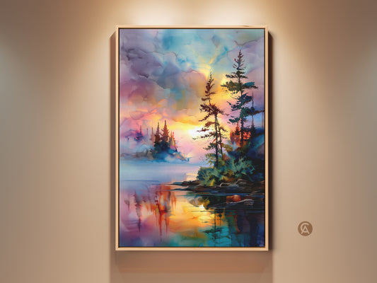 Framed pine trees lake sunset canvas art print in a cozy living room. The watercolor nature landscape wall art is eclectic. The artwork enhances the home decor with vibrant colors. It is perfect as bedroom artwork.