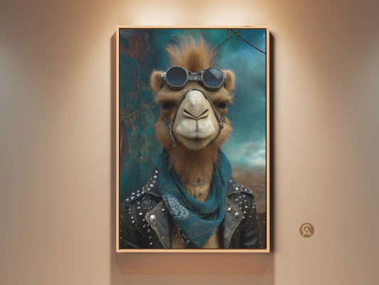 Framed punk camel artwork in a stylish living room. The eclectic camel wears a studded leather jacket and goggles. This surreal animal portrait adds edgy character to your home decor. A perfect conversation starter for rock and roll fans.
