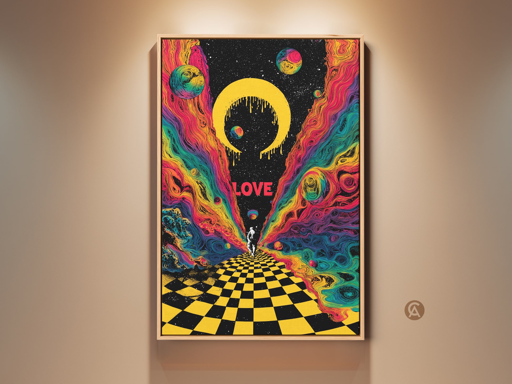 This canvas print features a psychedelic astronaut in a surreal cosmic scene. The artwork has retro planets and a yellow black checkerboard floor. The art print is framed and ready to hang. This retro sci fi canvas makes a unique gift for space lovers.