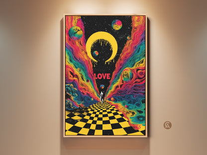 This canvas print features a psychedelic astronaut in a surreal cosmic scene. The artwork has retro planets and a yellow black checkerboard floor. The art print is framed and ready to hang. This retro sci fi canvas makes a unique gift for space lovers.