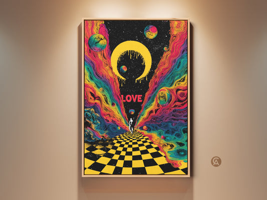 This canvas print features a psychedelic astronaut in a surreal cosmic scene. The artwork has retro planets and a yellow black checkerboard floor. The art print is framed and ready to hang. This retro sci fi canvas makes a unique gift for space lovers.