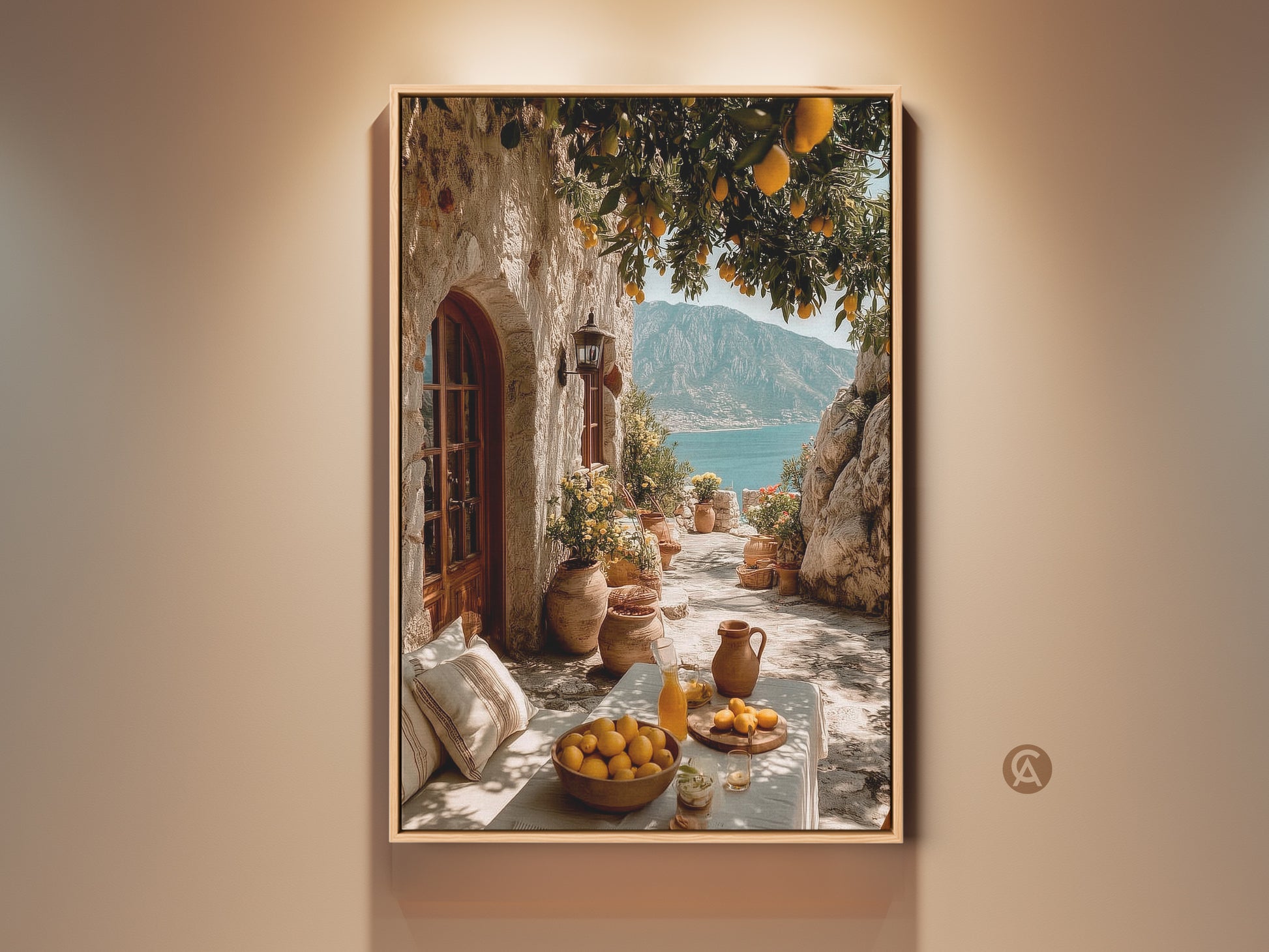 Mediterranean Lemon Tree Canvas Print showcases a coastal village scene. This artwork features a lemon tree with ripe fruit overlooking the blue sea. Perfect travel gift for home or dining room coastal decor.