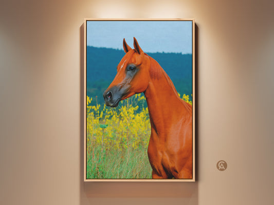 A stunning photorealistic arabian horse artwork. The horse is set against a wildflower field on canvas. This equestrian wall art is framed in a rustic style. The warm brown and orange tones evoke a sense of natural beauty. It's an ideal rustic decor gift for horse lovers. Perfect for farmhouse or country-style homes.