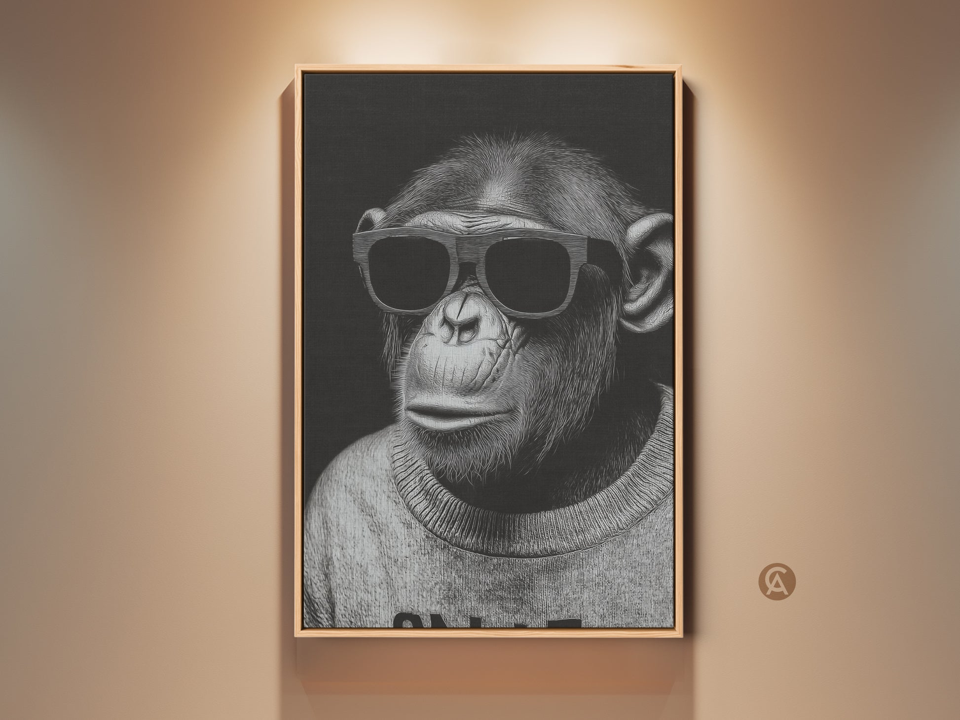 Monochrome chimpanzee art print on textured canvas. The framed monkey picture hangs on a light beige wall. The modern office artwork features a cool chimpanzee wearing sunglasses. This stylish animal print is perfect for contemporary decor. It is a unique gift for animal lovers.