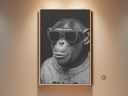 Monochrome chimpanzee art print on textured canvas. The framed monkey picture hangs on a light beige wall. The modern office artwork features a cool chimpanzee wearing sunglasses. This stylish animal print is perfect for contemporary decor. It is a unique gift for animal lovers.