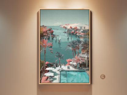 Stylized coastal scene art print featuring sailboats and palm trees. This teal aqua canvas is perfect nautical bedroom wall decor. The housewarming gift displays a serene seaside landscape with coral pink accents.