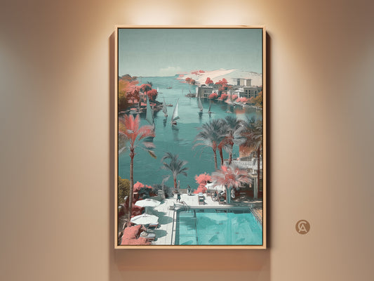 Stylized coastal scene art print featuring sailboats and palm trees. This teal aqua canvas is perfect nautical bedroom wall decor. The housewarming gift displays a serene seaside landscape with coral pink accents.