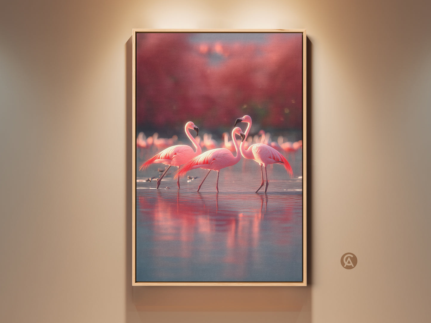 Framed flamingo artwork brings coastal charm to any room. Rose and coral tones create a serene atmosphere. This wildlife art is a perfect gift for animal lovers. The tropical bird wall decor enhances beach house interiors. A photorealistic canvas print with a floating frame adds elegance to your home or office.
