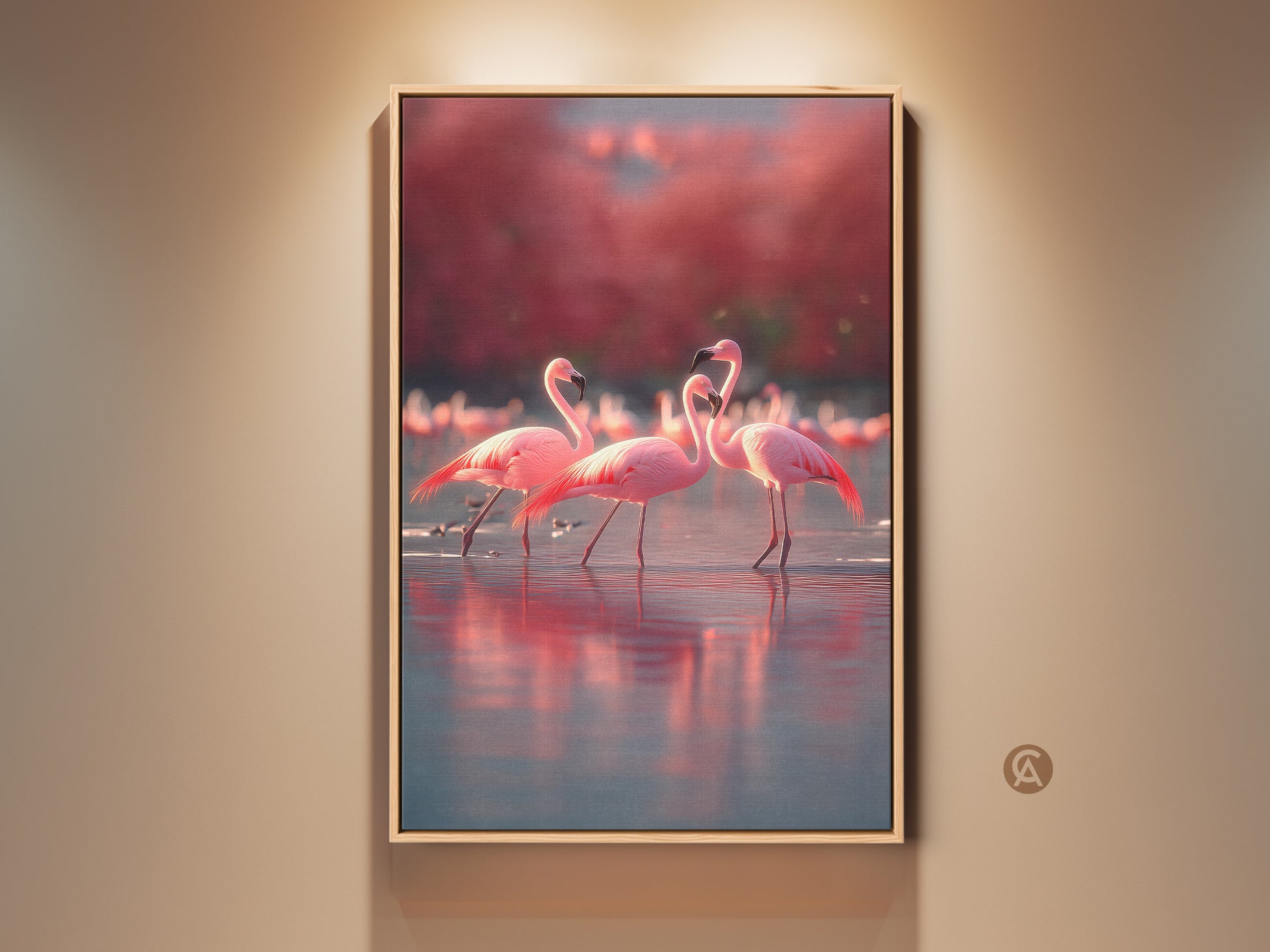 Framed flamingo artwork brings coastal charm to any room. Rose and coral tones create a serene atmosphere. This wildlife art is a perfect gift for animal lovers. The tropical bird wall decor enhances beach house interiors. A photorealistic canvas print with a floating frame adds elegance to your home or office.